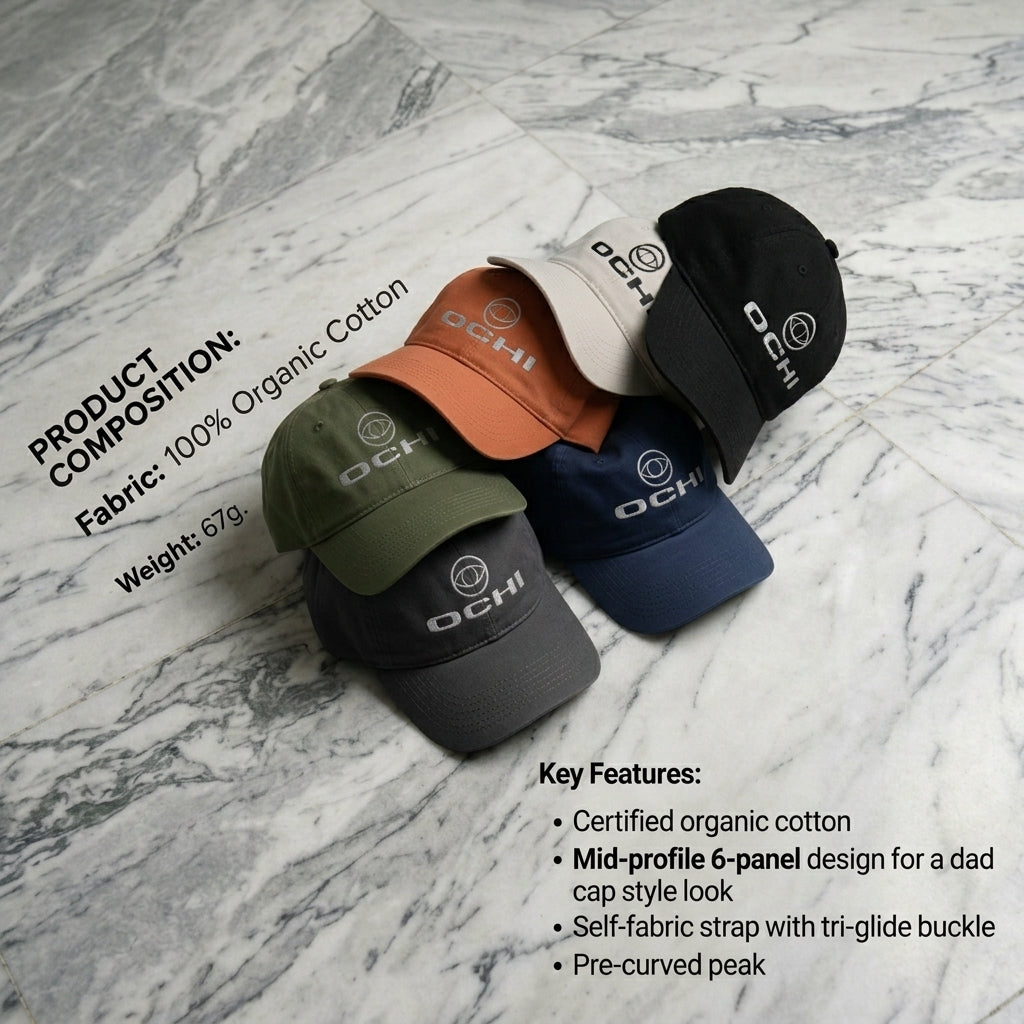 100% organic cotton 6 panel “Dad Style Caps” with embroidered front logo